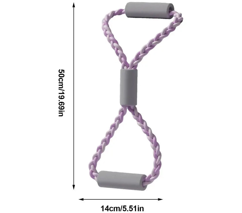 Purple resistance band with gray handles and measurements on a white background