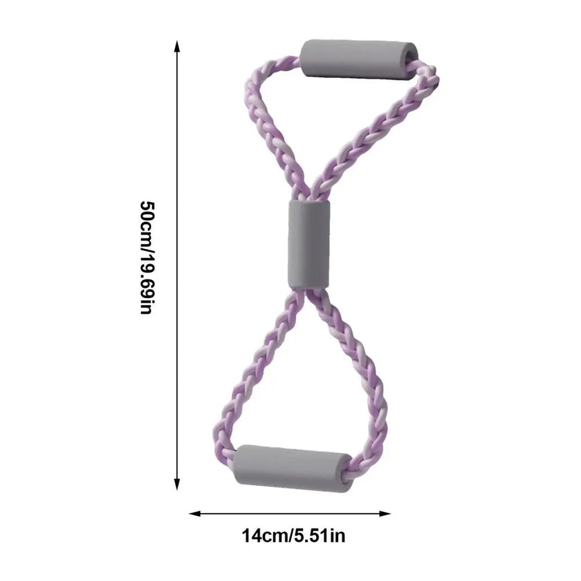 Purple resistance band with gray handles and measurements on a white background