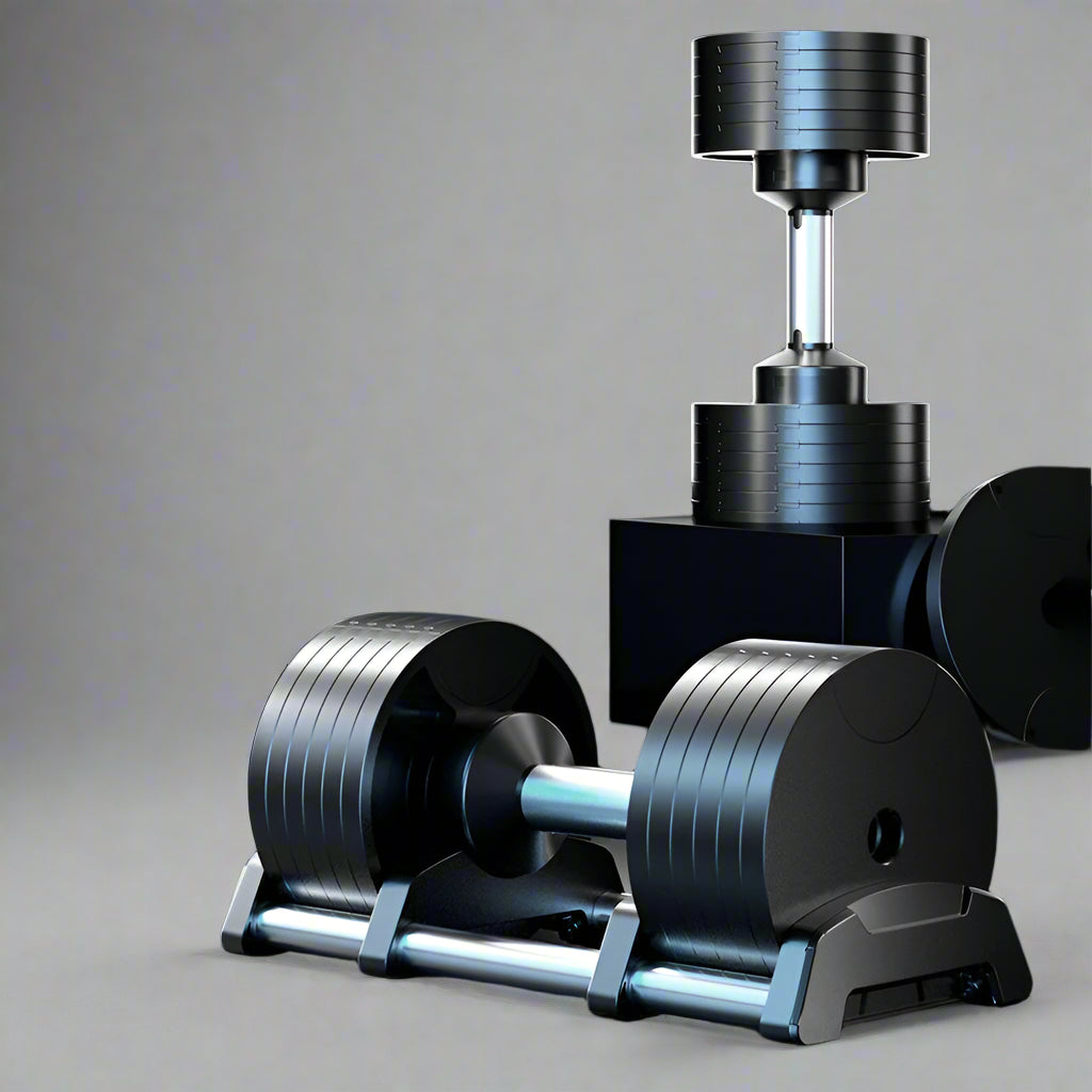 Gear adjustment dumbbell with text on a dark background