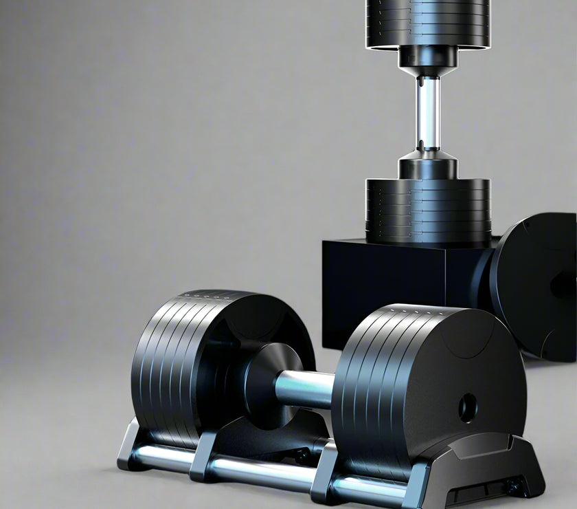 Gear adjustment dumbbell with text on a dark background