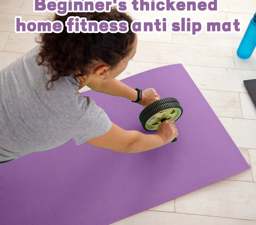 Person using an ab roller on a purple home fitness anti-slip mat.