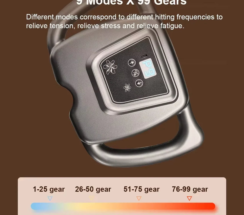 Massage device with digital display and gear indicator on a brown background