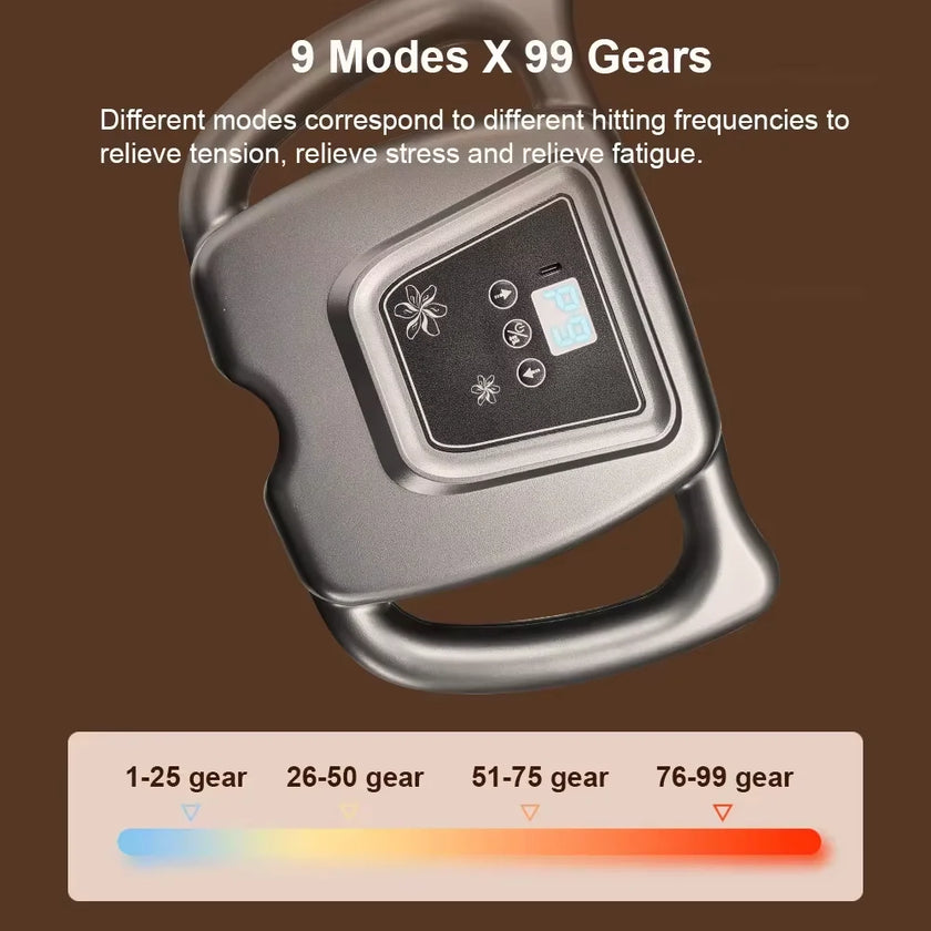 Massage device with digital display and gear indicator on a brown background