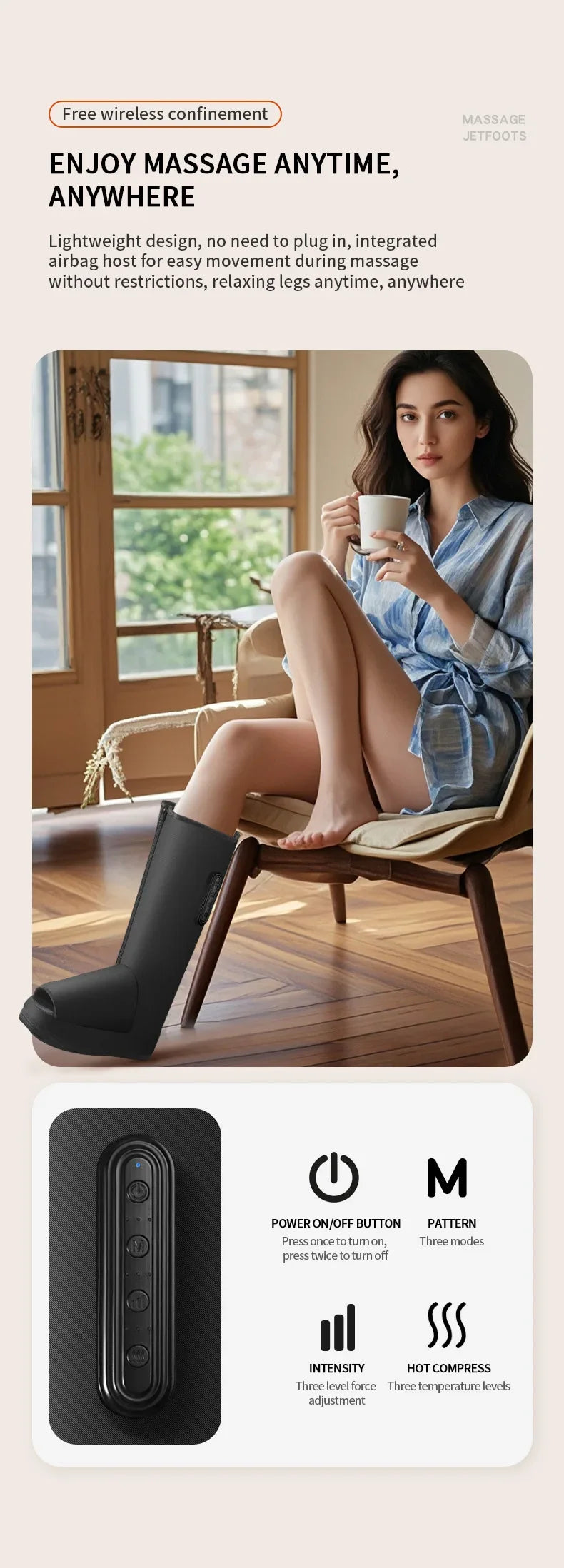 Woman relaxing with a cup of coffee, wearing black massage boots, in a home setting.