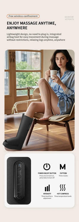 Woman relaxing with a cup of coffee, wearing black massage boots, in a home setting.