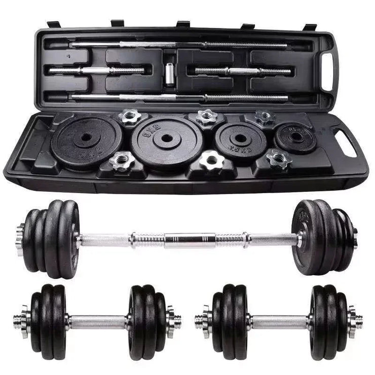 Barbell set with weight plates and carrying case on a white background