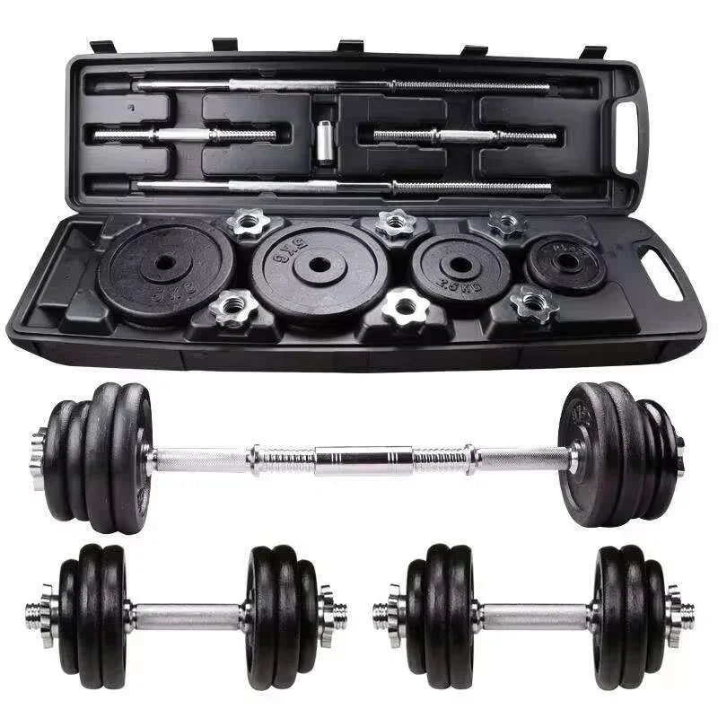 Barbell set with weight plates and carrying case on a white background