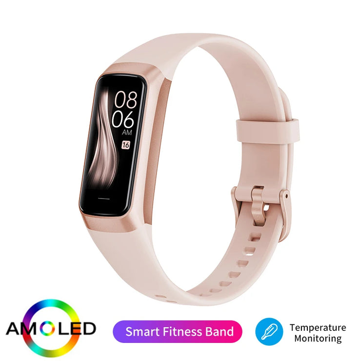 Smart fitness band with AMOLED display on a white background