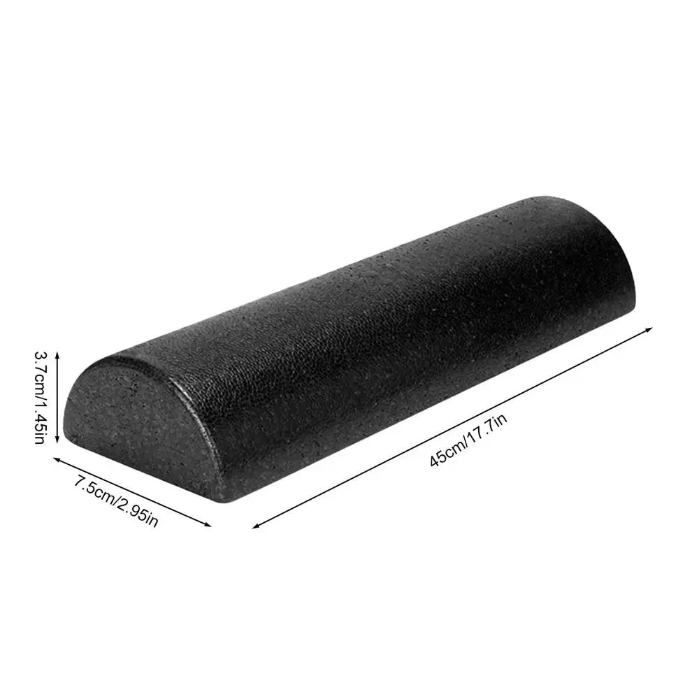 Black foam roller with dimensions on a white background