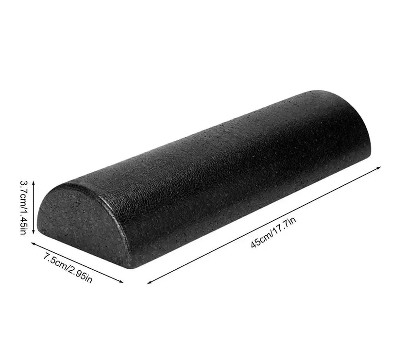Black foam roller with dimensions on a white background