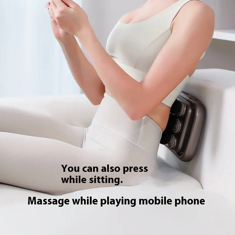 Person using a massage device on their leg with text indicating it can be used while sitting and playing mobile phone.