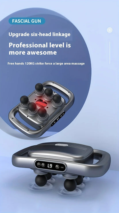 Fascial gun with text on a blue background