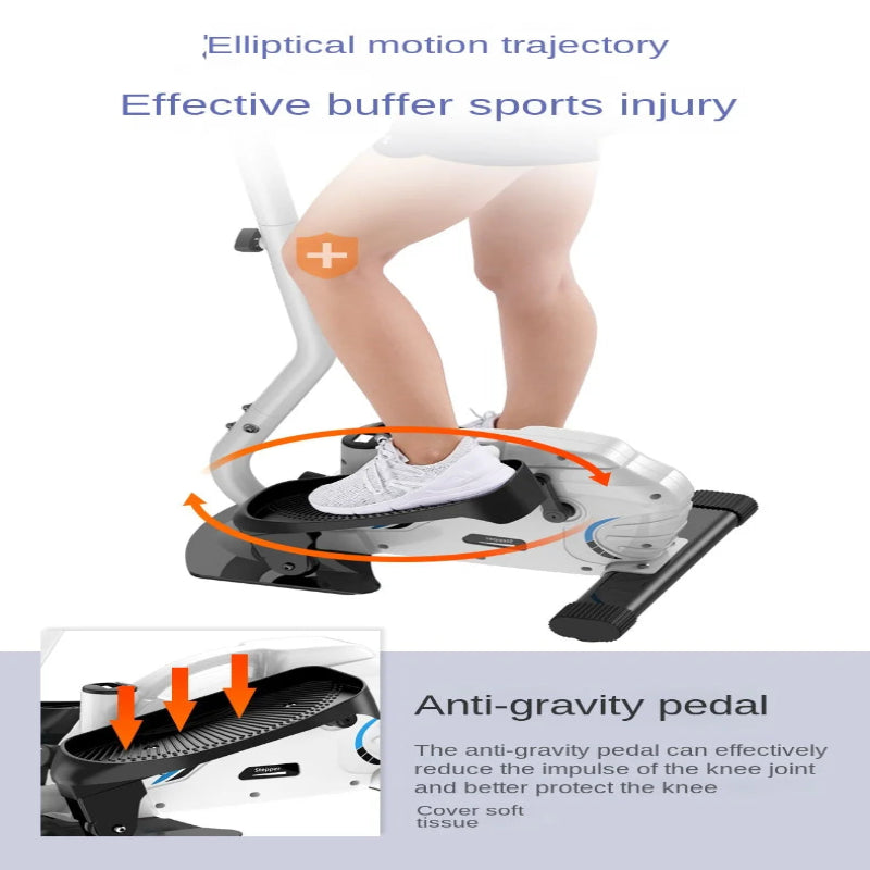 Person using an elliptical machine with text highlighting its benefits for sports injuries and knee protection.