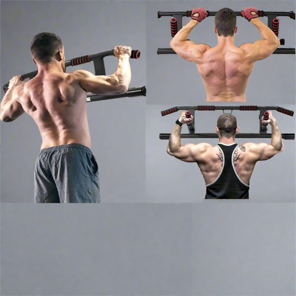 Man performing pull-ups on a pull-up bar with text promoting fitness equipment.