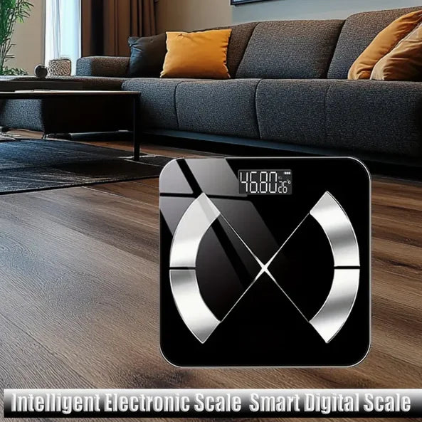 Digital scale on a wooden floor with a living room background