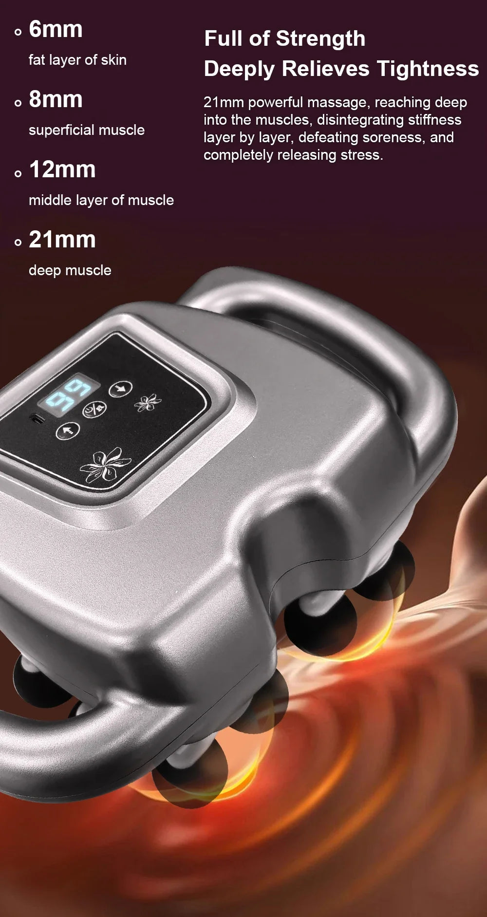 Massage device with digital display on a dark background