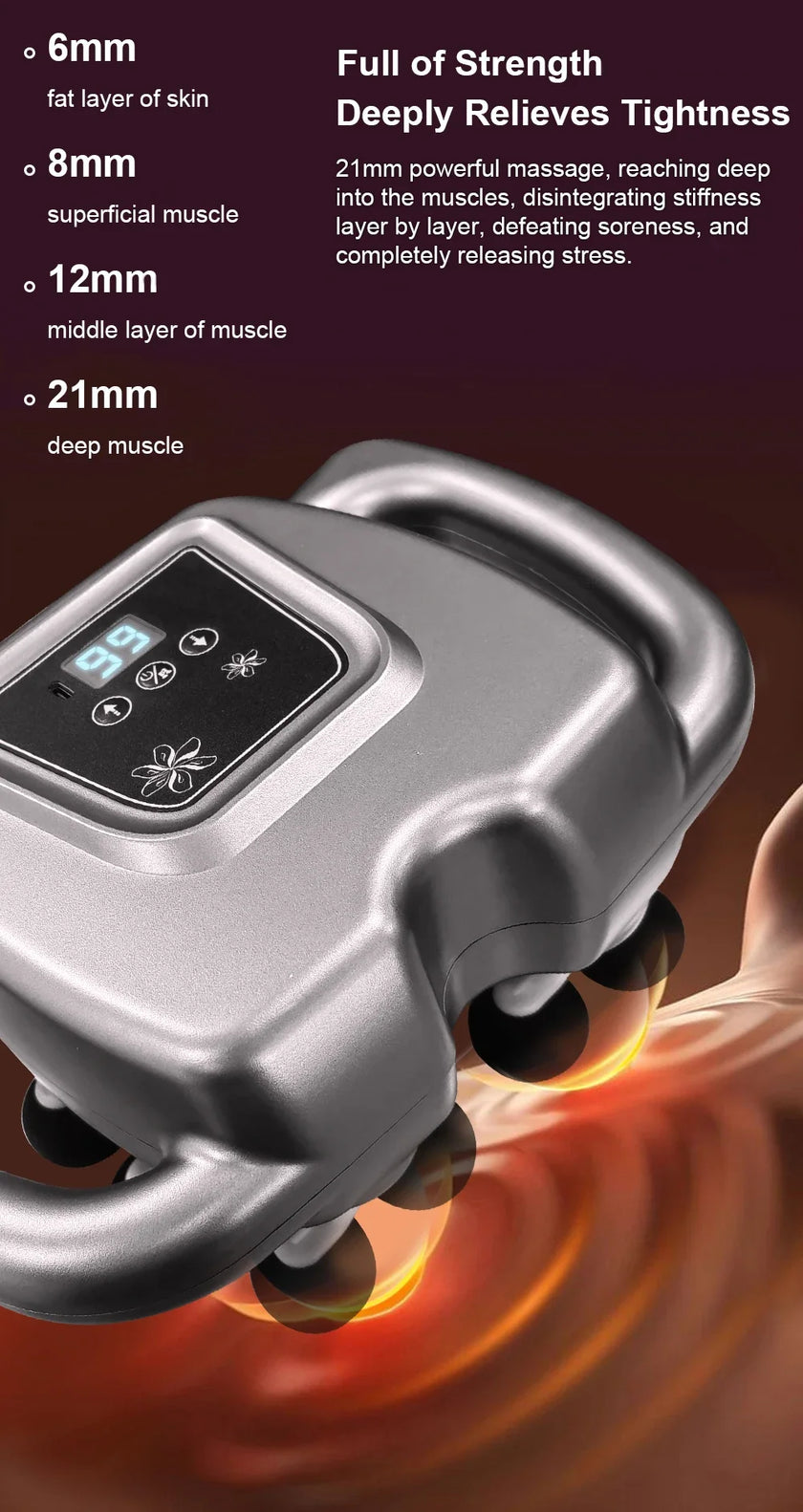 Massage device with digital display on a dark background