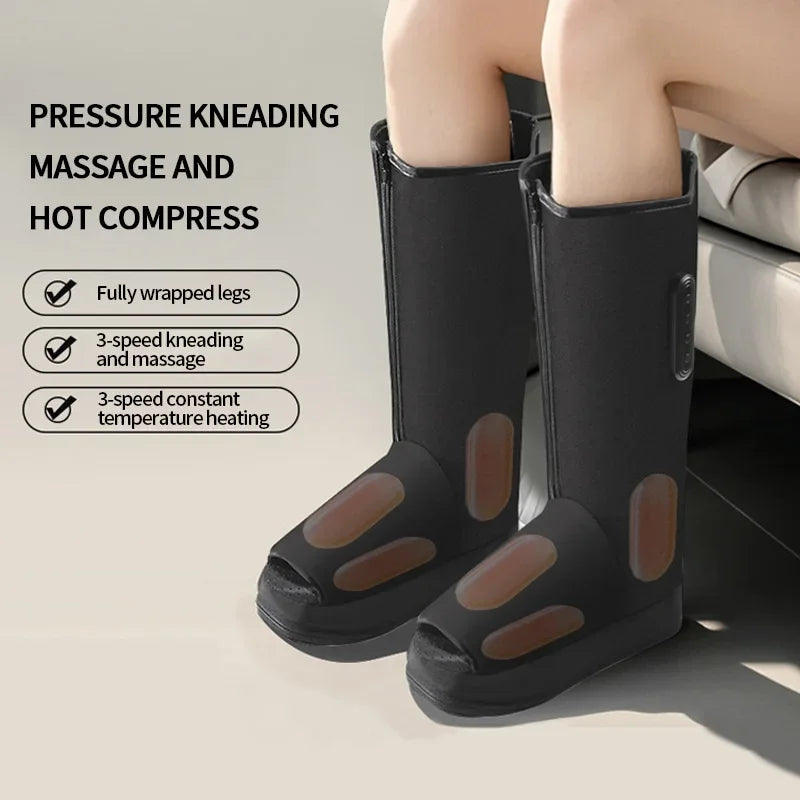 Black pressure kneading massage boots with text on a neutral background