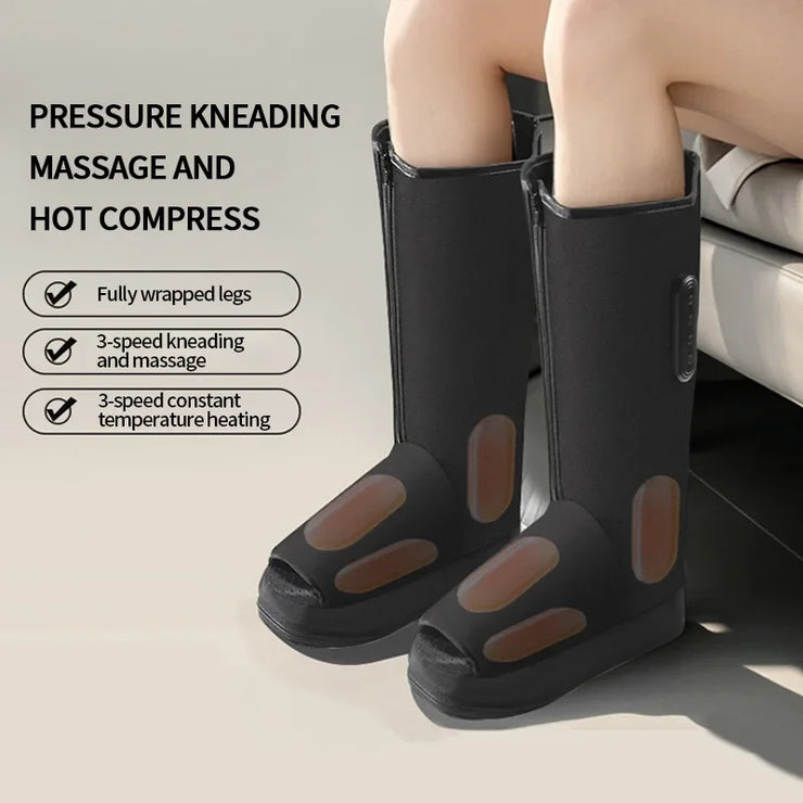 Black pressure kneading massage boots with text on a neutral background