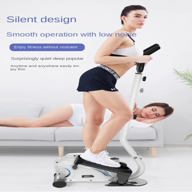 Woman exercising on a home fitness machine with text about silent design and smooth operation.