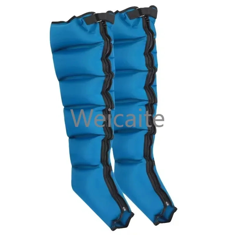 Blue leg wraps with black straps on a white background, featuring the brand 'Weicaite'.