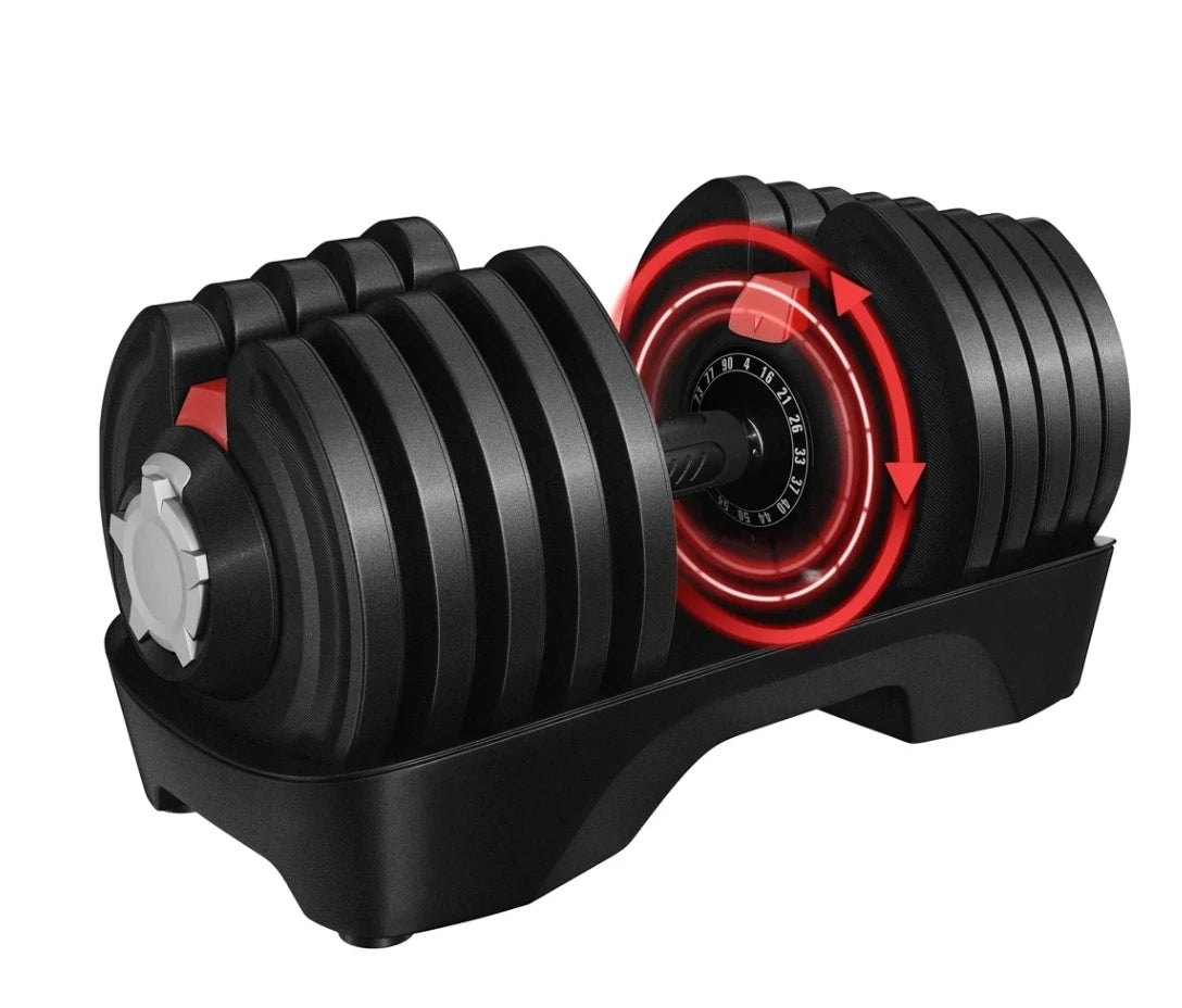 Adjustable dumbbell with black and red design on a white background