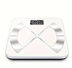 Digital body fat scale with a white base and clear lid on a white background