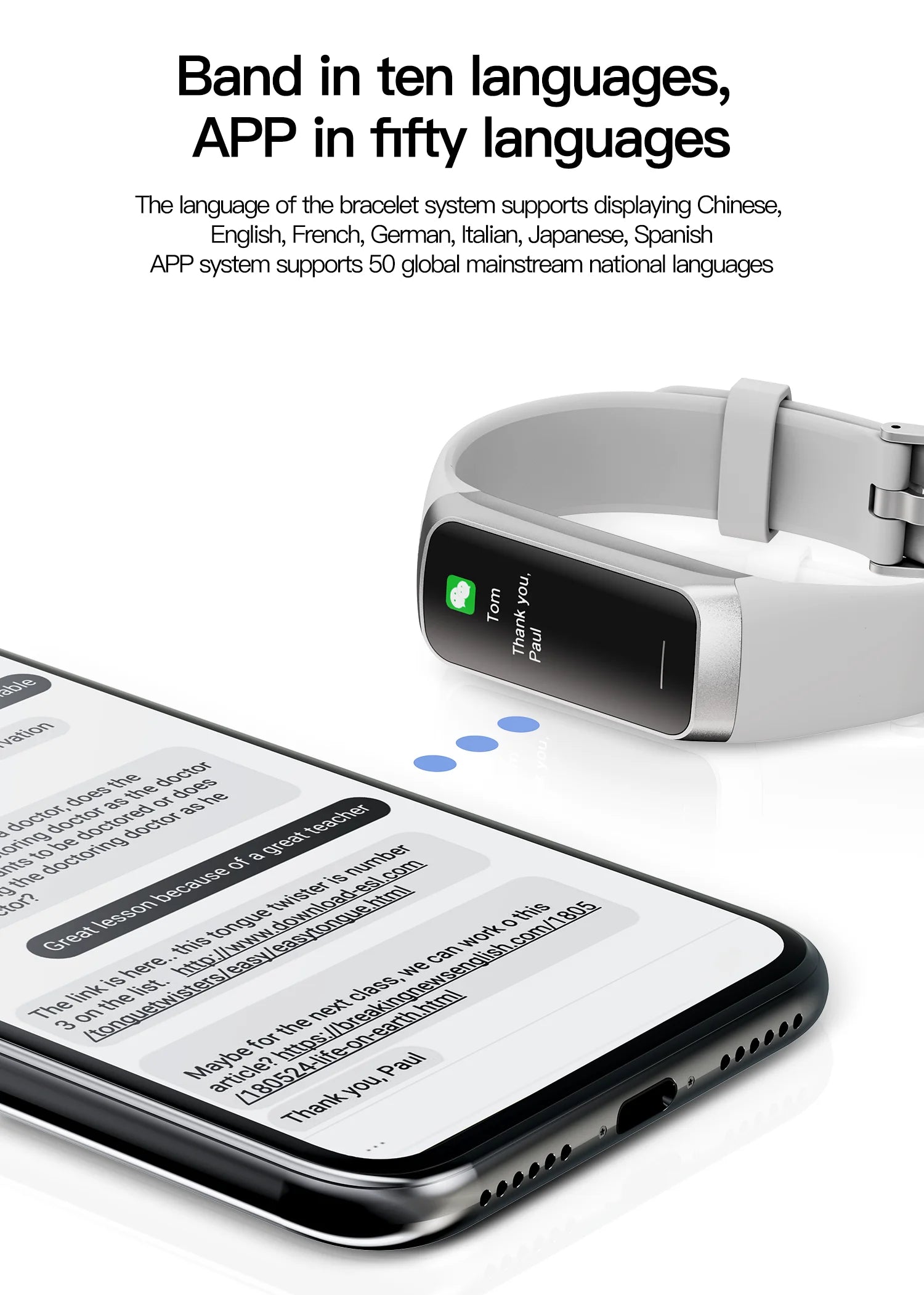 Smartwatch and smartphone with text about language support