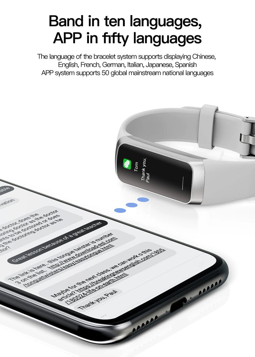 Smartwatch and smartphone with text about language support