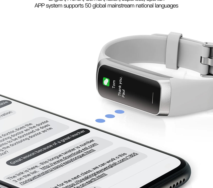 Smartwatch and smartphone with text about language support