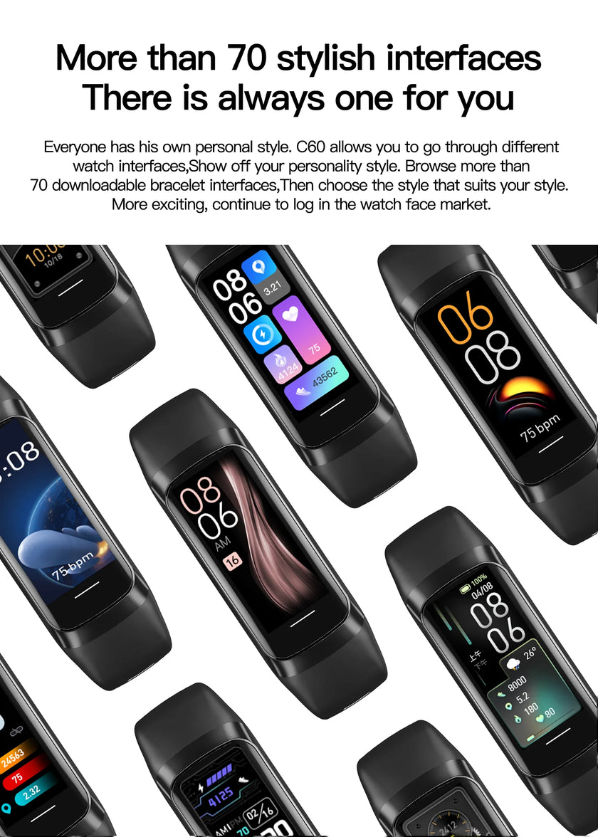 Smartwatches with various colorful interfaces on a white background