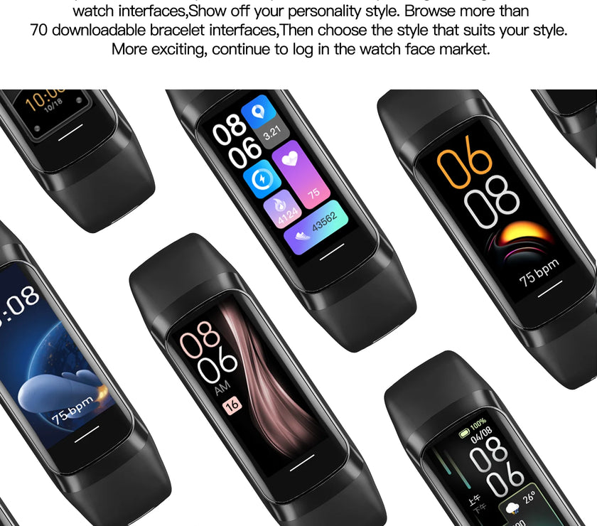 Smartwatches with various colorful interfaces on a white background