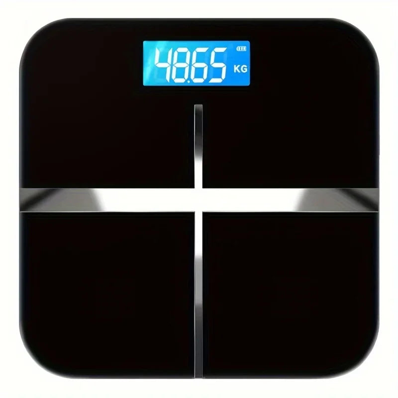 Black digital bathroom scale with blue digital display on a white background