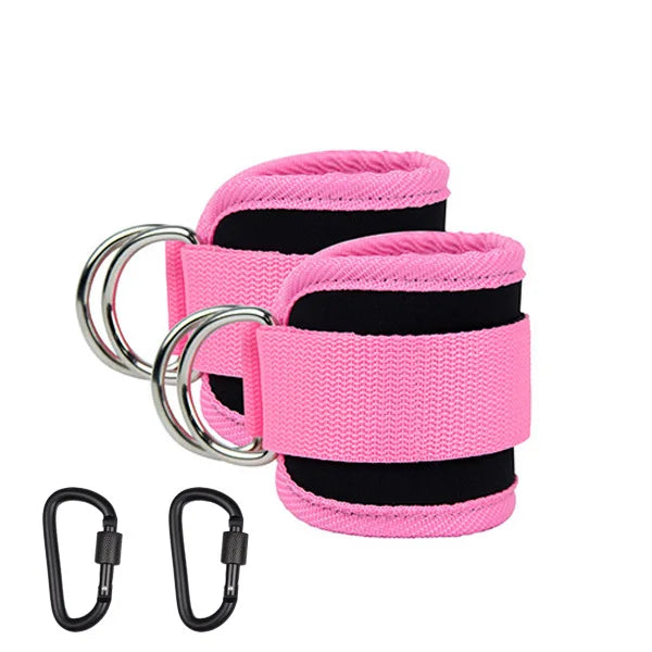 An image showing a person using an ankle cuff with a resistance band, which is pink in color. The set includes additional bands and a black carrying case.