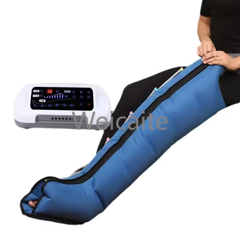 Blue massage wrap with digital controller on a white background, featuring the brand 'Weicaite'.