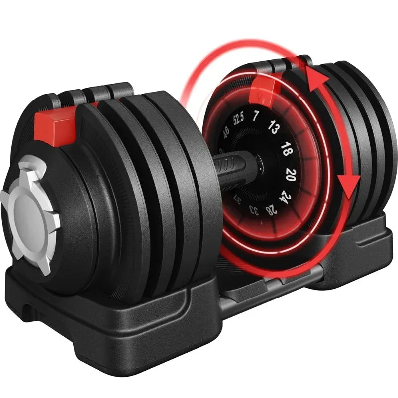 Adjustable dumbbell with red display on a white background