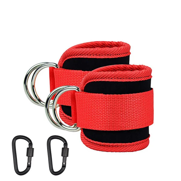 An image showing a person using an ankle cuff with a resistance band, which is pink in color. The set includes additional bands and a black carrying case.