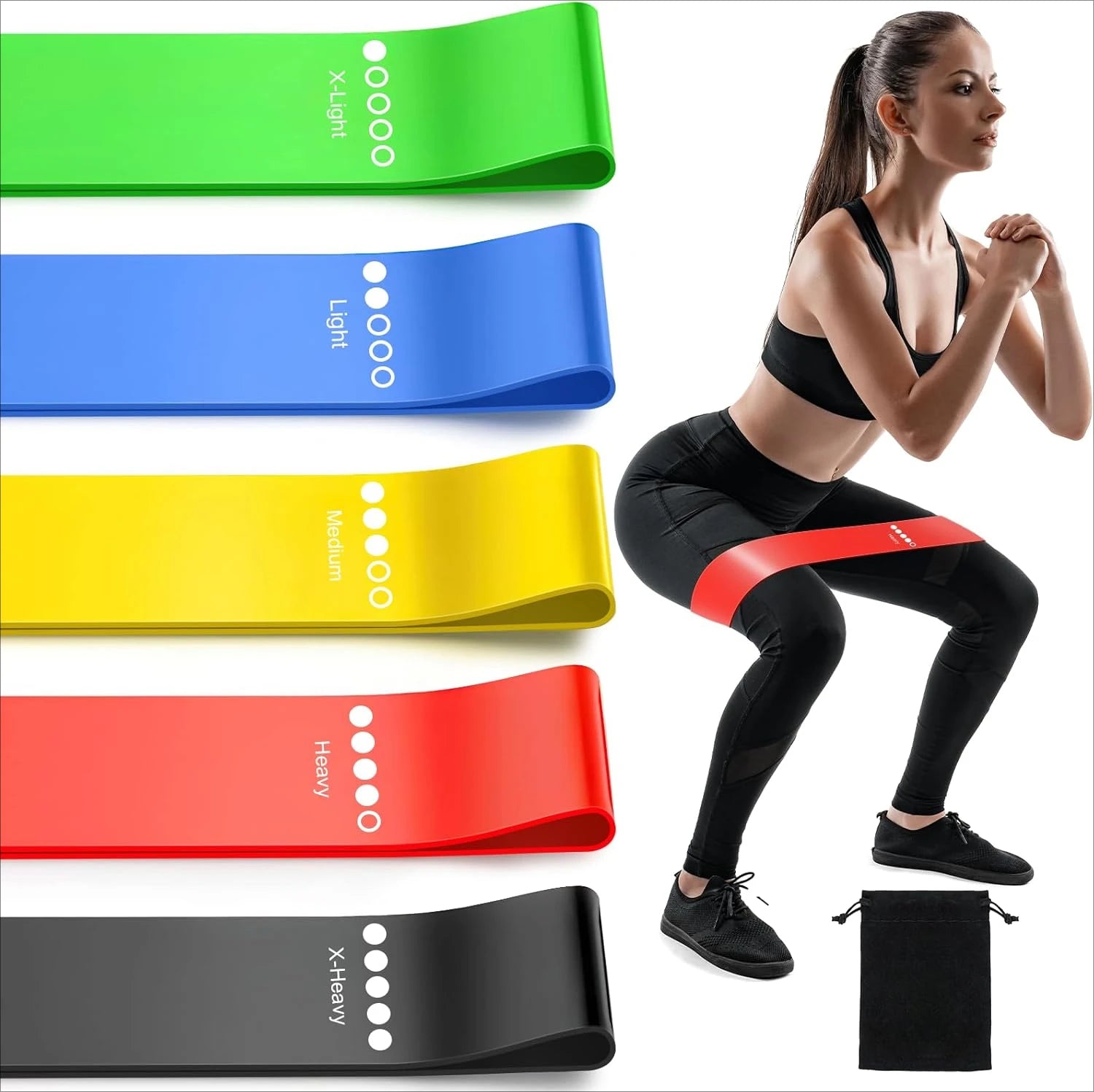 Resistance bands in various colors with a woman exercising using them.