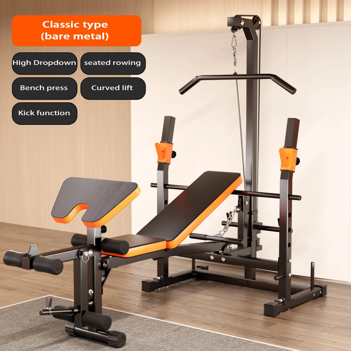 Multi-function combination weight lifting bed and rack with orange and black color scheme, including adjustable bench, weights, and barbells.