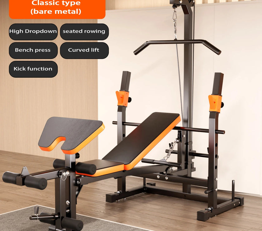 Multi-function combination weight lifting bed and rack with orange and black color scheme, including adjustable bench, weights, and barbells.