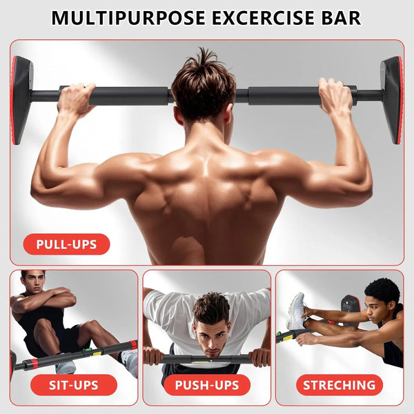 Person using a multipurpose exercise bar with various exercises demonstrated.