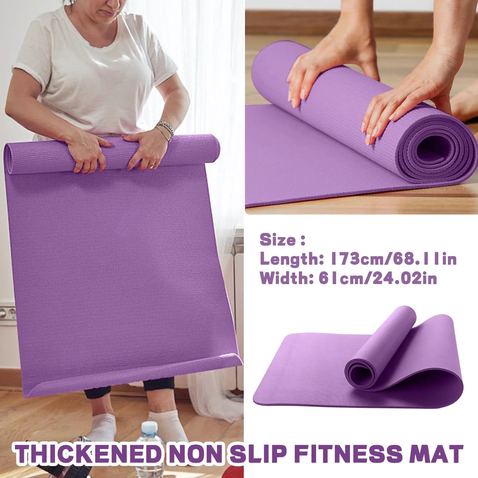 Purple thickened non-slip fitness mat being held and rolled out on a wooden floor.