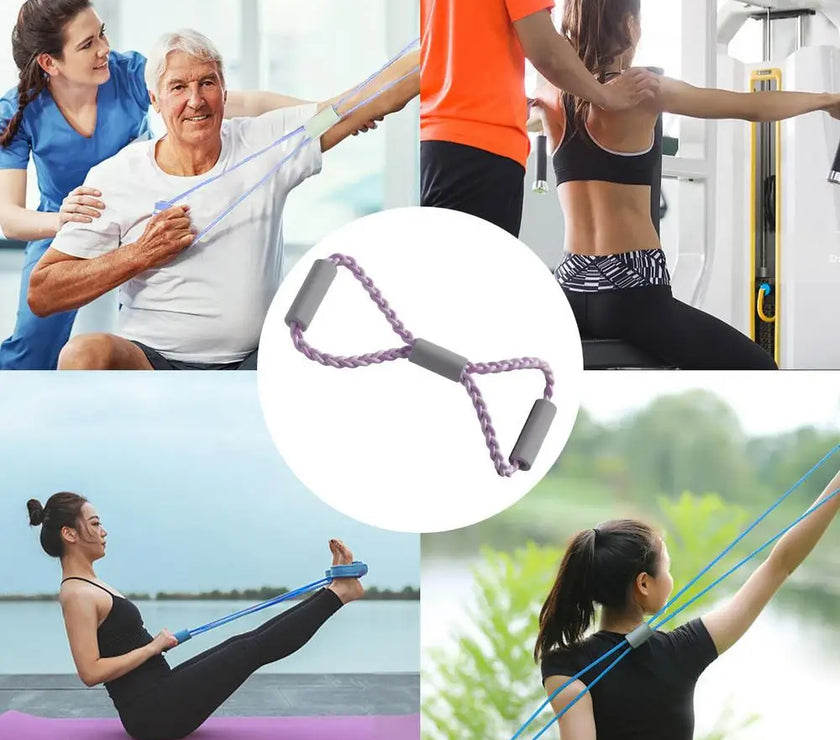 Collage of people using resistance bands with close-up of a band and outdoor scenes.