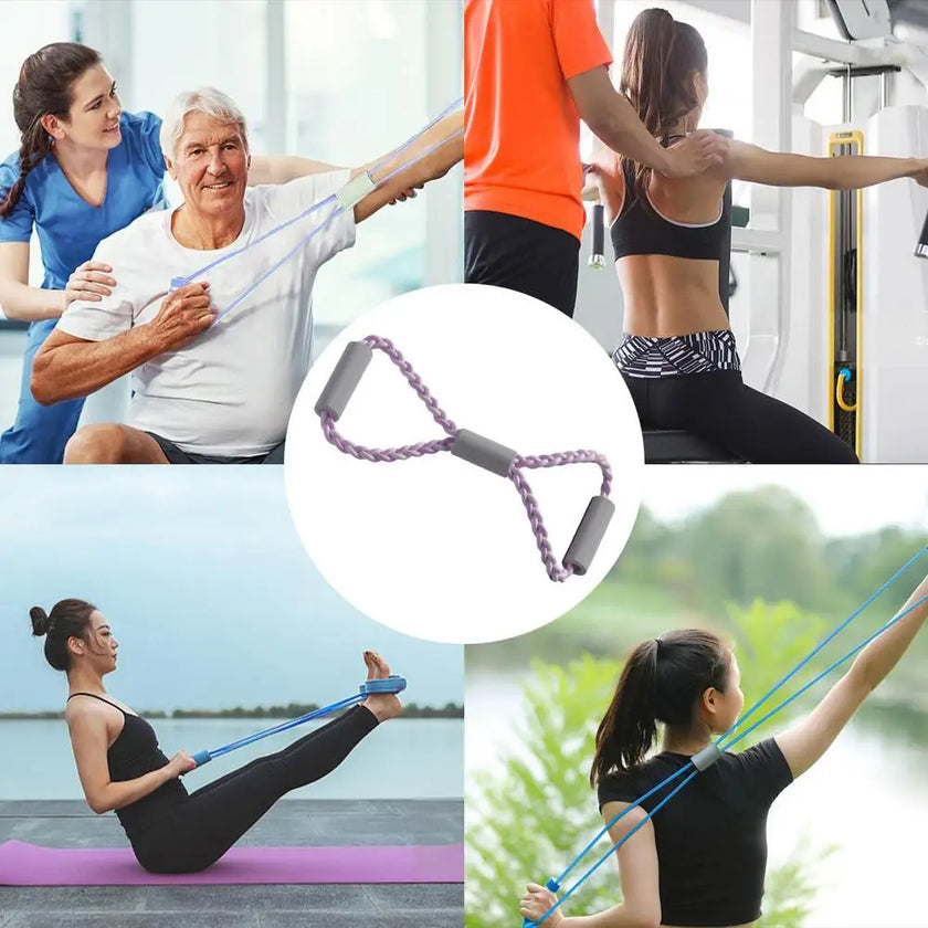 Collage of people using resistance bands with close-up of a band and outdoor scenes.