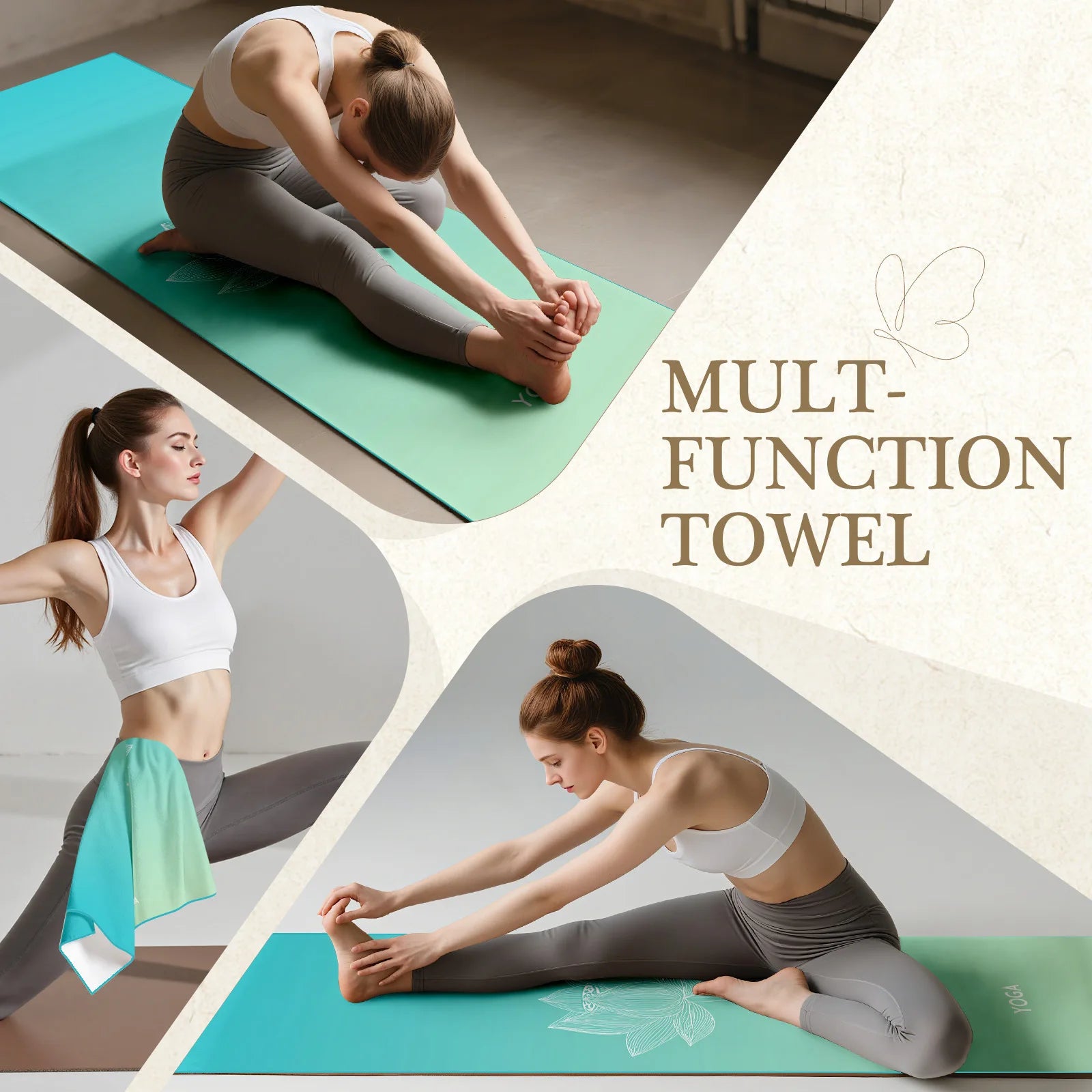 Woman practicing yoga with a mult-function towel in a home setting
