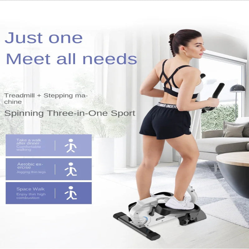 Woman using a three-in-one sports machine in a living room with text highlighting its features.