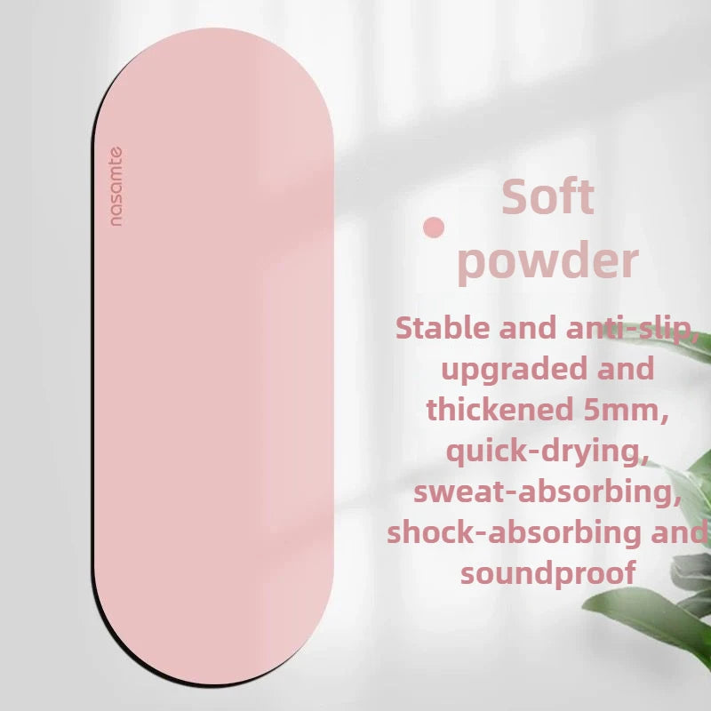 Pink mat with text describing its features on a light background