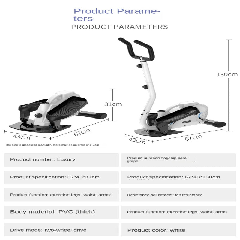 Product parameters of an exercise device with dimensions and features listed.