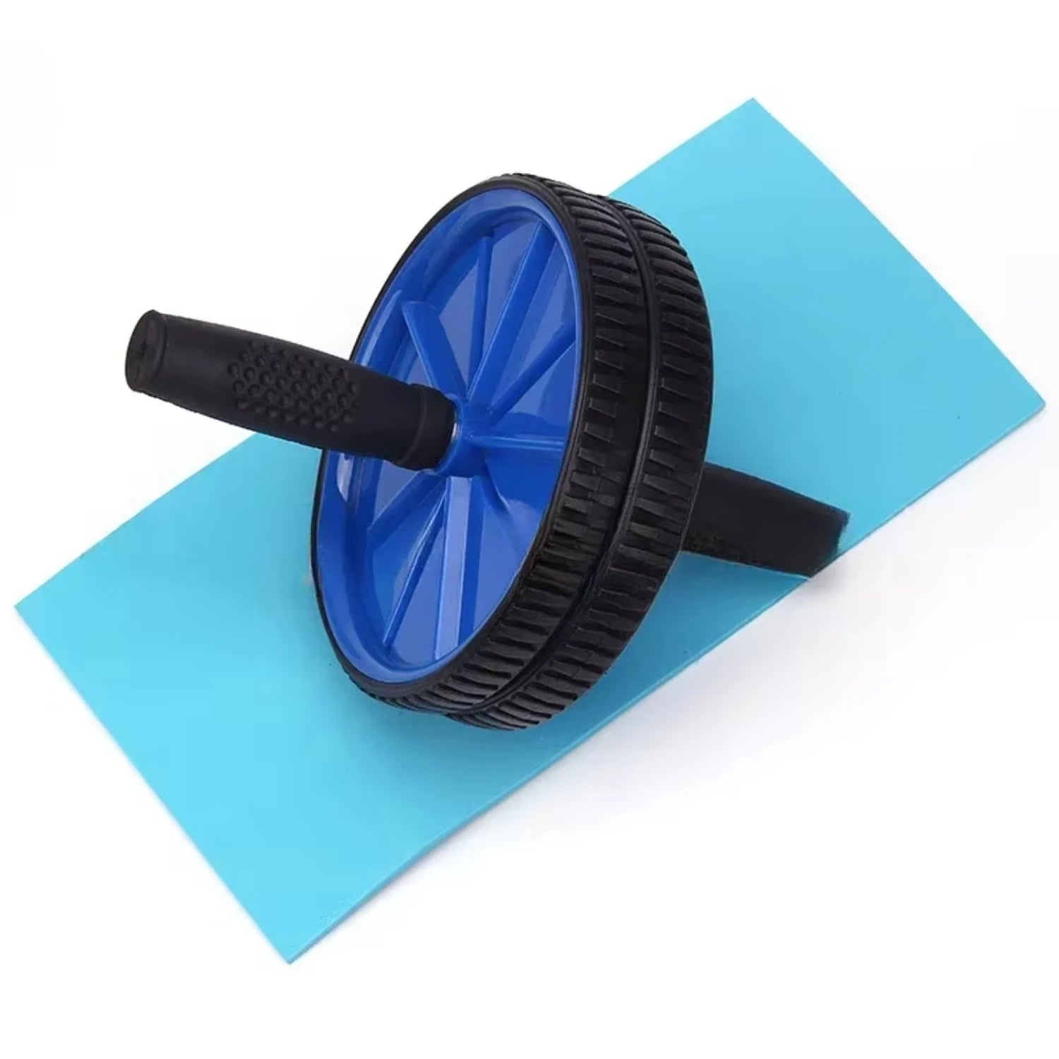 Blue and black exercise wheel on a blue mat with a white background