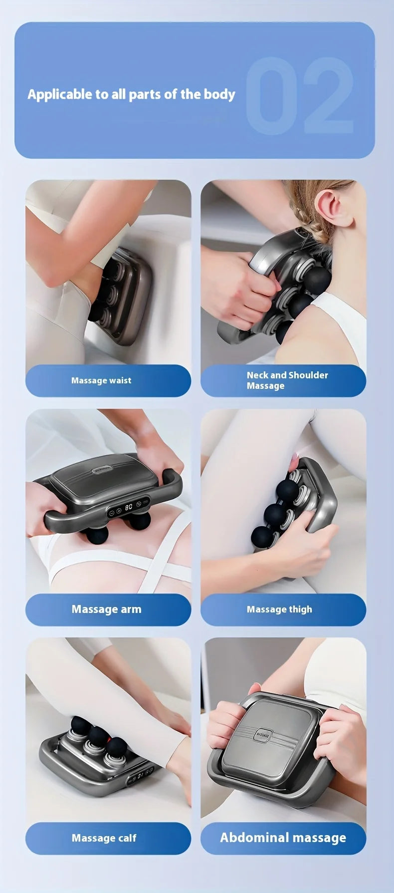 Massage device with various massage points on a blue background
